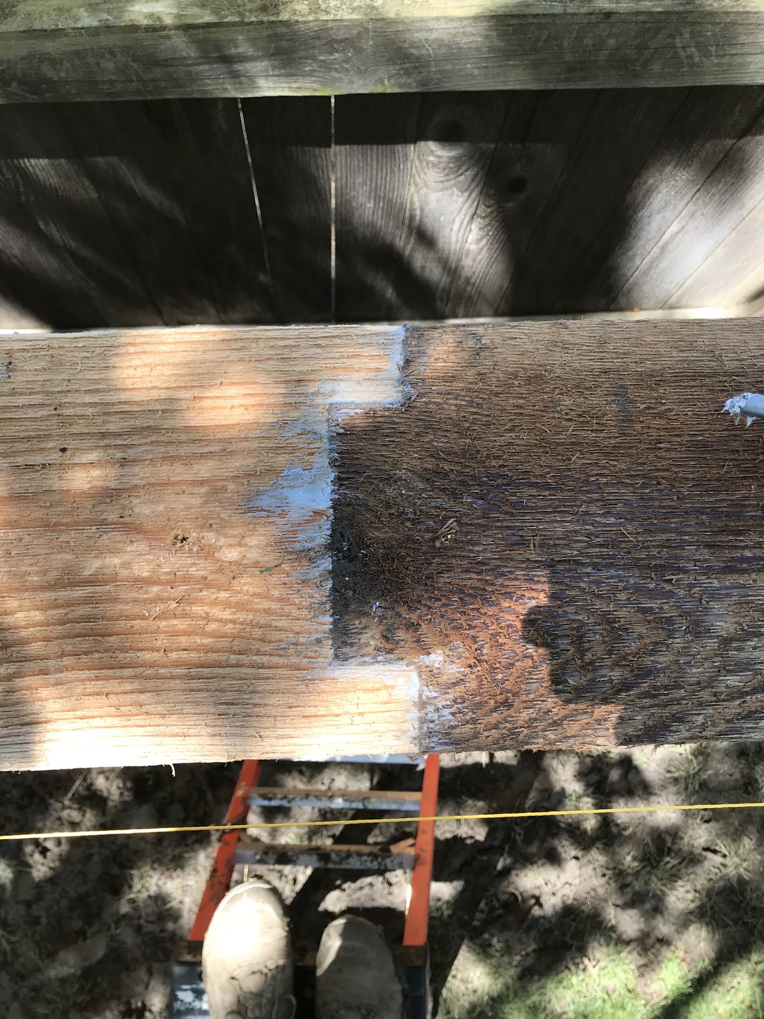 Scarf joint cut into a deck beam by LKP Woodworks during a rebuild