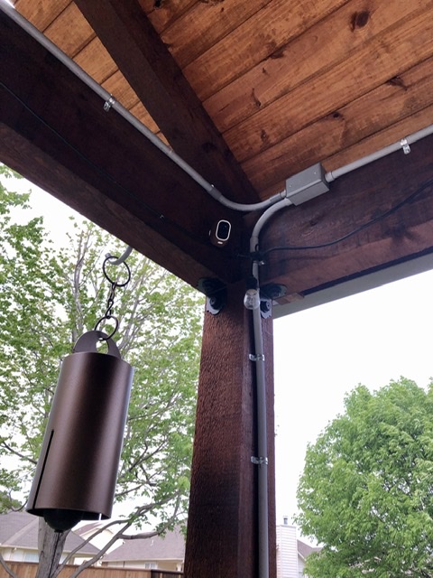 Stained porch ceiling and post detail finished by LKP Woodworks