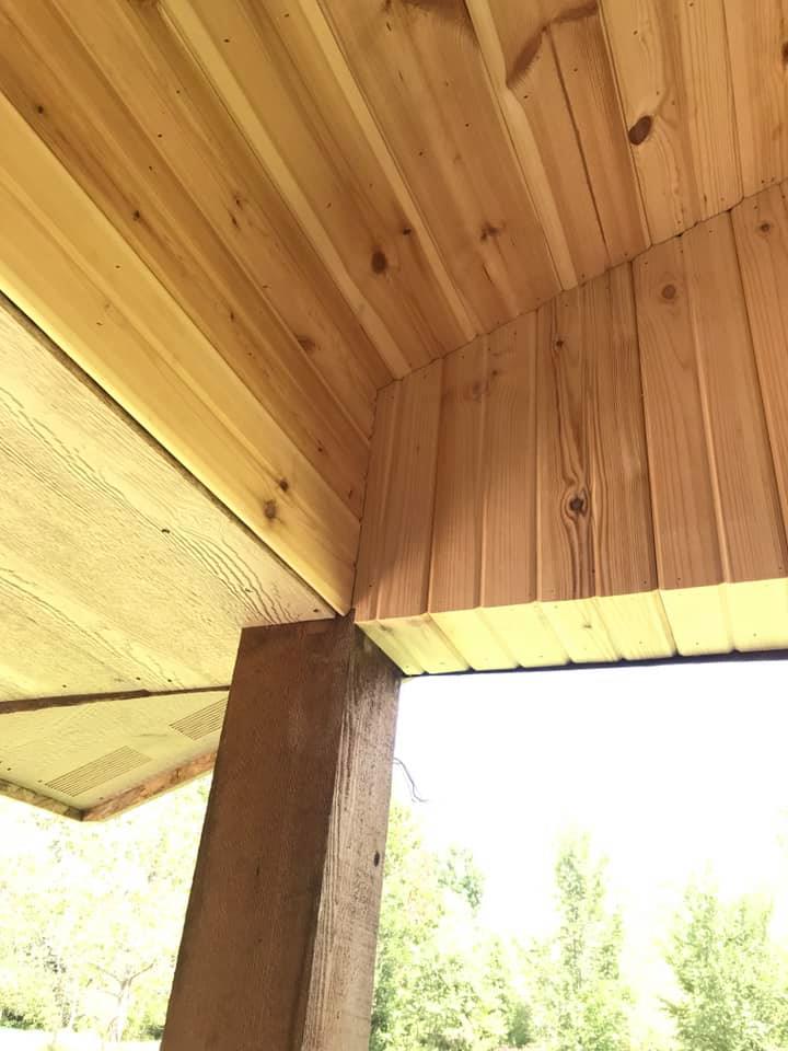 Tongue-and-groove pine porch ceiling installed by LKP Woodworks